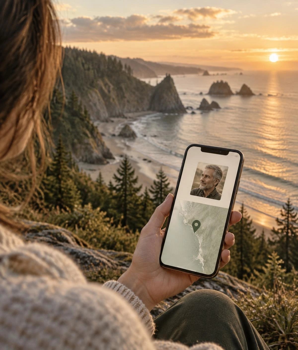 A hand holding a phone showing a loved one's portrait and their resting place pinned on a map, overlooking the coastline where they rest