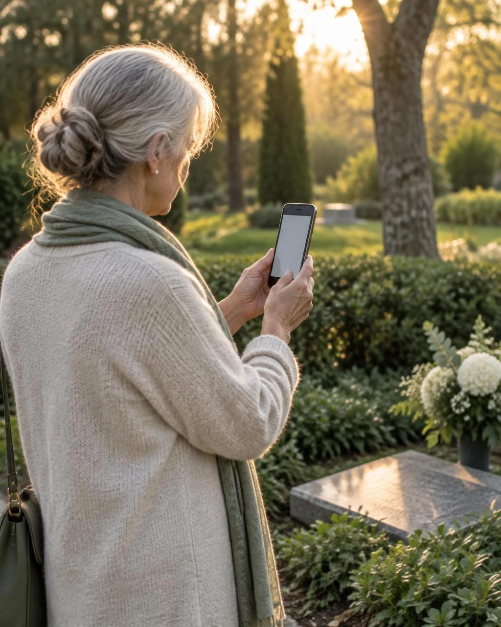 A woman in a memorial garden recording the resting place on her phone