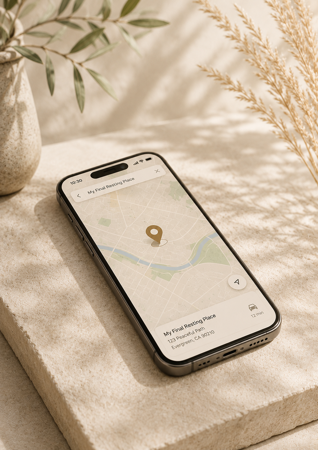 A phone showing a resting-place card with the exact location and a map
